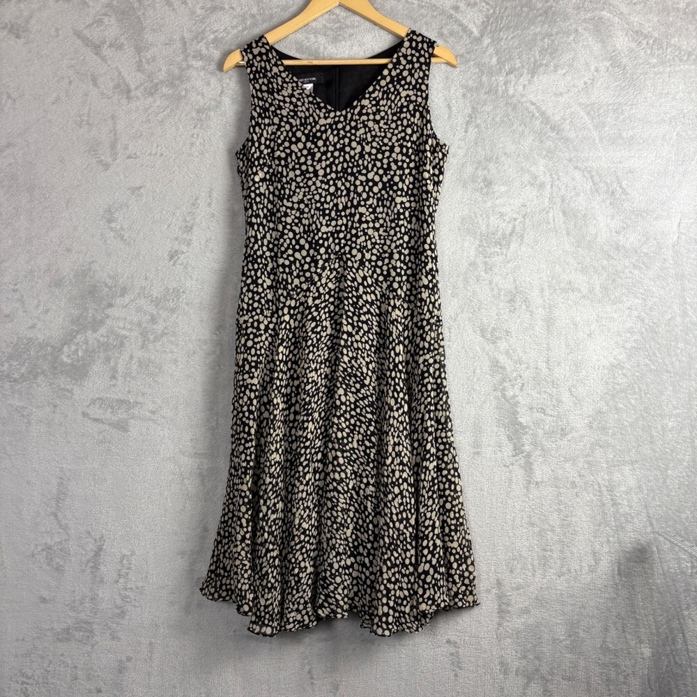 Jones New York Silk Dress Polka Dot 10P Black Cream Sleeveless Midi V-Neck 90s